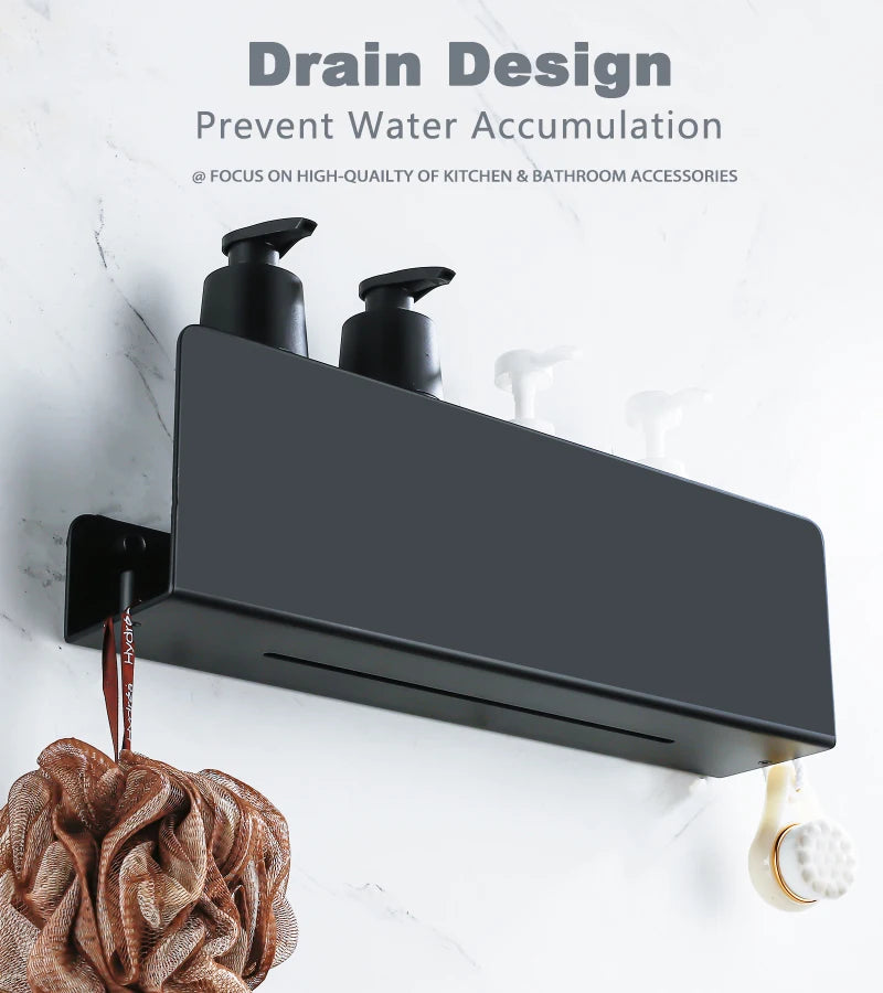 Estante organizador de baño negro con ganchos, estantes de decoración de cocina de aluminio en pared, estante de almacenamiento para ducha, montaje en pared