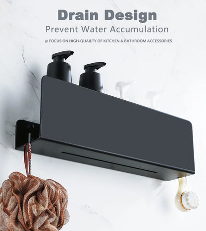 Estante organizador de baño negro con ganchos, estantes de decoración de cocina de aluminio en pared, estante de almacenamiento para ducha, montaje en pared