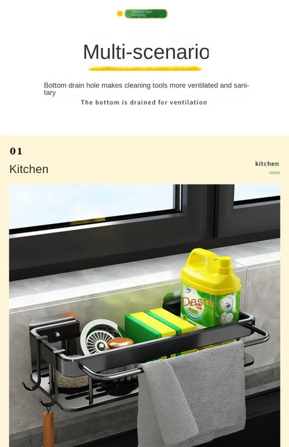 Soporte para fregadero de cocina, estante de almacenamiento de aluminio grueso para toalla y esponja, cesta organizadora de drenaje, estantes de baño