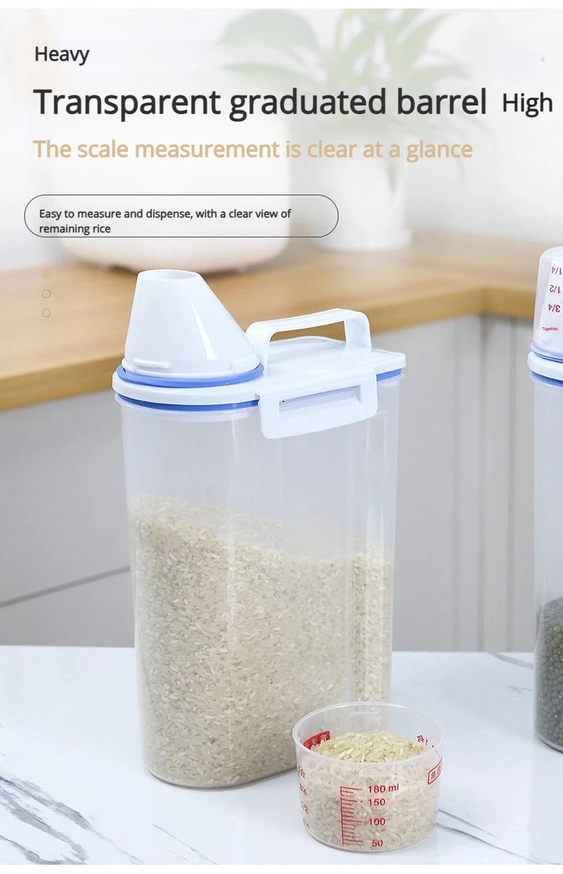 Contenedor de Arroz de 2.3L con Taza Medidora, Dispensador de Arroz de Plástico Libre de BPA, Recipiente de Almacenamiento de Alimentos para Cocina y Despensa para Avena y Harina