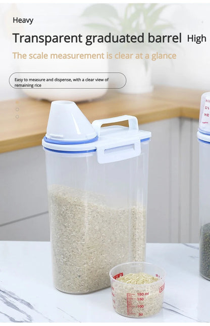 Contenedor de Arroz de 2.3L con Taza Medidora, Dispensador de Arroz de Plástico Libre de BPA, Recipiente de Almacenamiento de Alimentos para Cocina y Despensa para Avena y Harina
