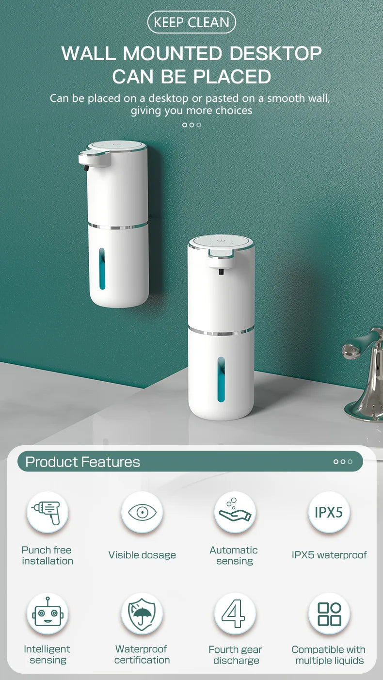 Dispensador de jabón inteligente automático recargable por USB, pantalla de luz de 380ML, sin contacto, para escritorio o montado en la pared, para cocina y baño