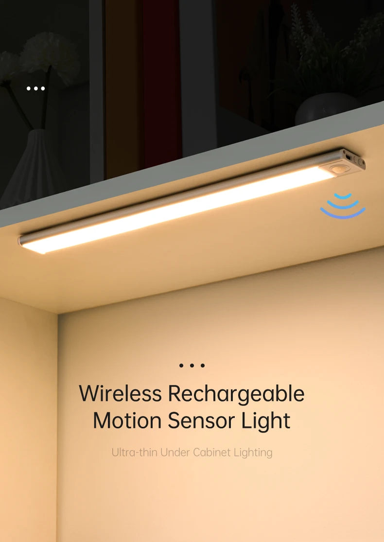 Luz LED con Sensor de movimiento, luz nocturna inalámbrica USB para debajo del gabinete, cocina, dormitorio, armario, Sensor, iluminación interior