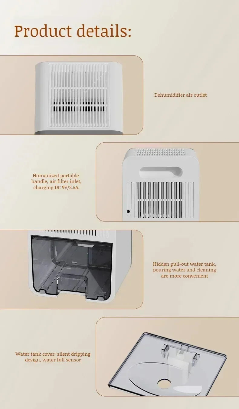 Deshumidificador de aire portátil, máquina absorbente de humedad silenciosa, secador de aire para el hogar, dormitorio, oficina, cocina, desodorante, enchufe europeo