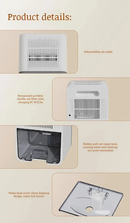 Deshumidificador de aire portátil, máquina absorbente de humedad silenciosa, secador de aire para el hogar, dormitorio, oficina, cocina, desodorante, enchufe europeo