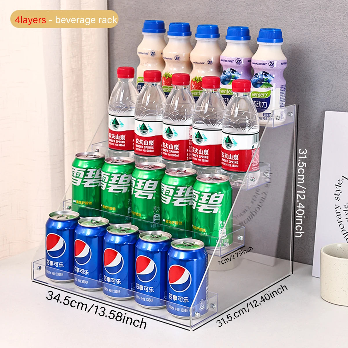 Estante de exhibición de bebidas escalonado transparente acrílico, organizador de latas de bebidas para refrigerador, estante dispensador multifuncional, 1 ud.
