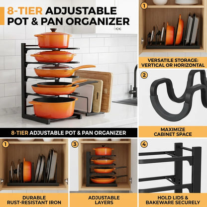 Organizador de Ollas de 8 Niveles - Soporte Metálico Resistente que Ahorra Espacio para Sartenes, Ollas y Tapas, Almacenamiento de Cocina Ordenado y Elegante