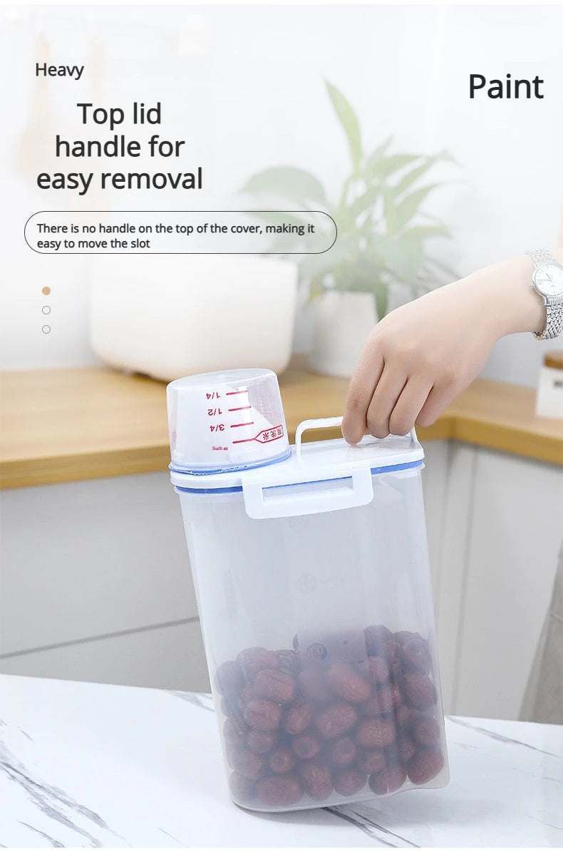 Contenedor de Arroz de 2.3L con Taza Medidora, Dispensador de Arroz de Plástico Libre de BPA, Recipiente de Almacenamiento de Alimentos para Cocina y Despensa para Avena y Harina