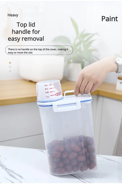Contenedor de Arroz de 2.3L con Taza Medidora, Dispensador de Arroz de Plástico Libre de BPA, Recipiente de Almacenamiento de Alimentos para Cocina y Despensa para Avena y Harina