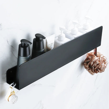 Estante organizador de baño negro con ganchos, estantes de decoración de cocina de aluminio en pared, estante de almacenamiento para ducha, montaje en pared