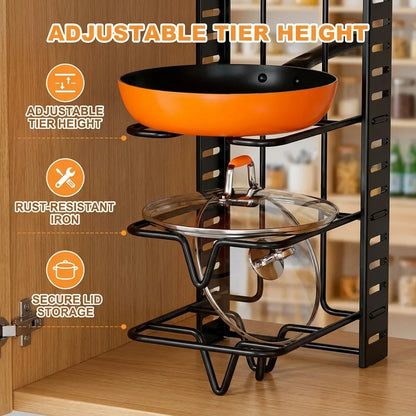 Organizador de Ollas de 8 Niveles - Soporte Metálico Resistente que Ahorra Espacio para Sartenes, Ollas y Tapas, Almacenamiento de Cocina Ordenado y Elegante