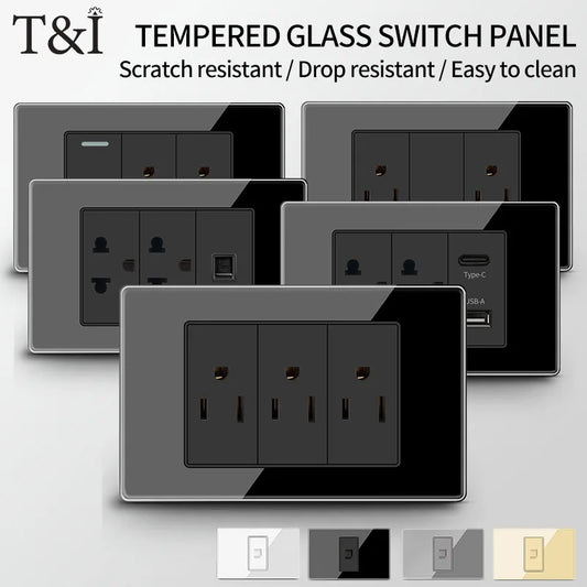 T&I US Standard 118 Toma de pared con interruptor, panel de vidrio templado, puertos de carga USB y tipo C