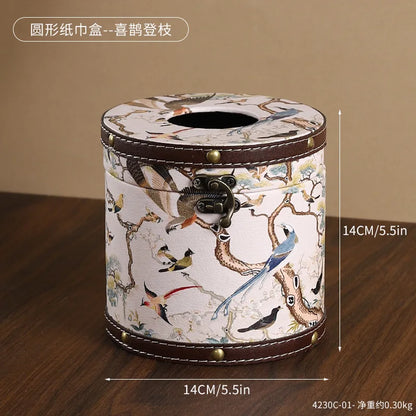 Caja de pañuelos estilo chino Guofeng, caja circular de cuero con cajón, estilo de lujo ligero, caja de servilletas adecuada para el hogar, sala de estar, dormitorio