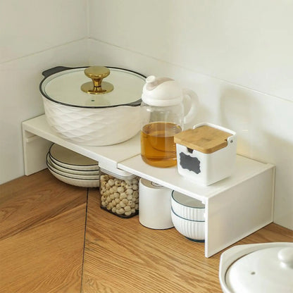 Estante de gabinete extensible, ahorro de espacio, estante en capas apilable, antideslizante, ligero, resistente, accesorios de almacenamiento de cocina