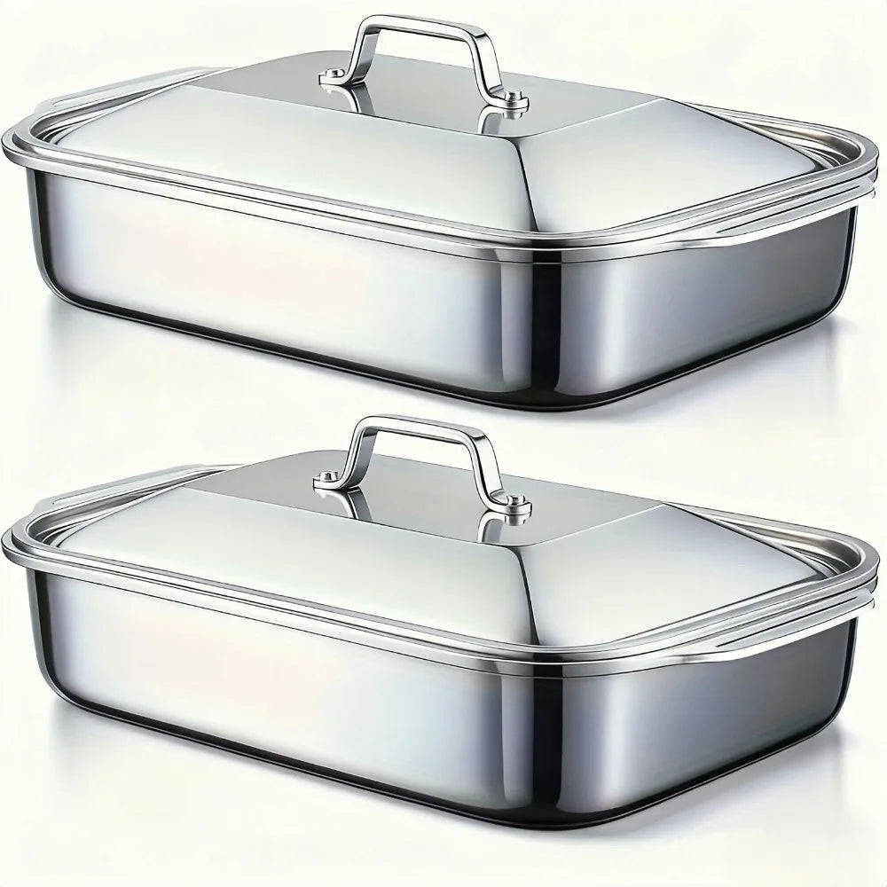 Sartén para asar cubierta de acero inoxidable, horno antiadherente grueso, seguro con asas resistentes al calor para asar, hornear, servir Buffet