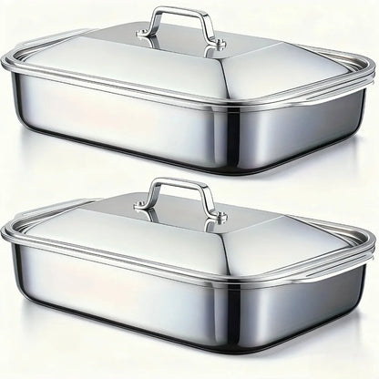 Sartén para asar cubierta de acero inoxidable, horno antiadherente grueso, seguro con asas resistentes al calor para asar, hornear, servir Buffet