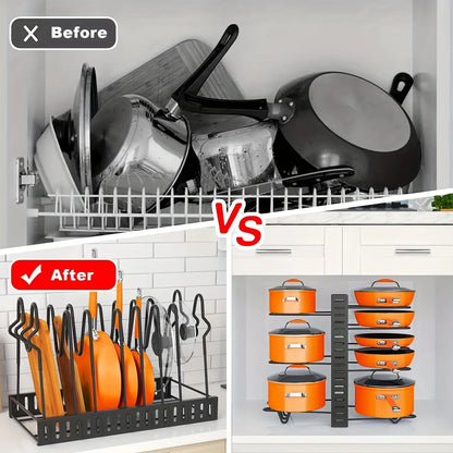 Organizador de Ollas de 8 Niveles - Soporte Metálico Resistente que Ahorra Espacio para Sartenes, Ollas y Tapas, Almacenamiento de Cocina Ordenado y Elegante