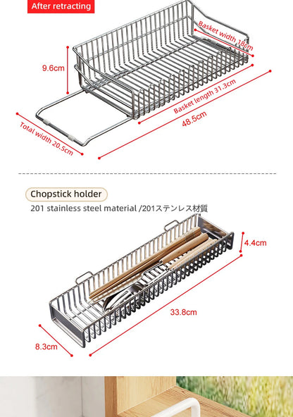 Escurridor de fregadero de cocina de acero inoxidable, estante de secado de platos expandible, soporte de almacenamiento para cuencos de frutas y verduras, organizar utensilios de cocina