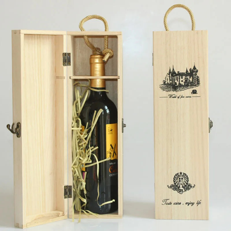 Caja de vino de madera para una sola botella con tapa, caja de almacenamiento de vino reutilizable decorativa de grano de madera, soporte para botella de vino individual