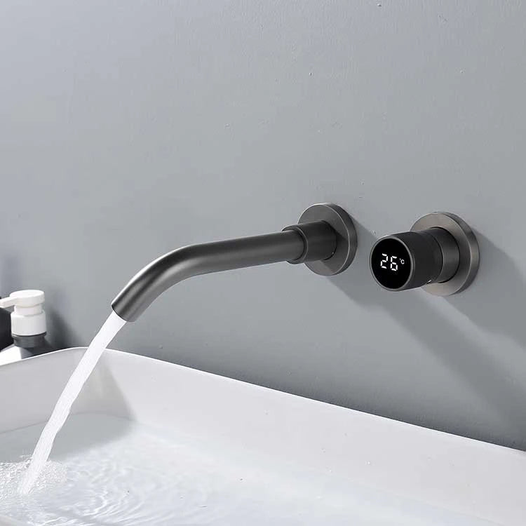 Grifo de baño de latón negro Diseño de pantalla digital inteligente oculto Grifo de lavabo de doble control frío y caliente gris de una sola manija