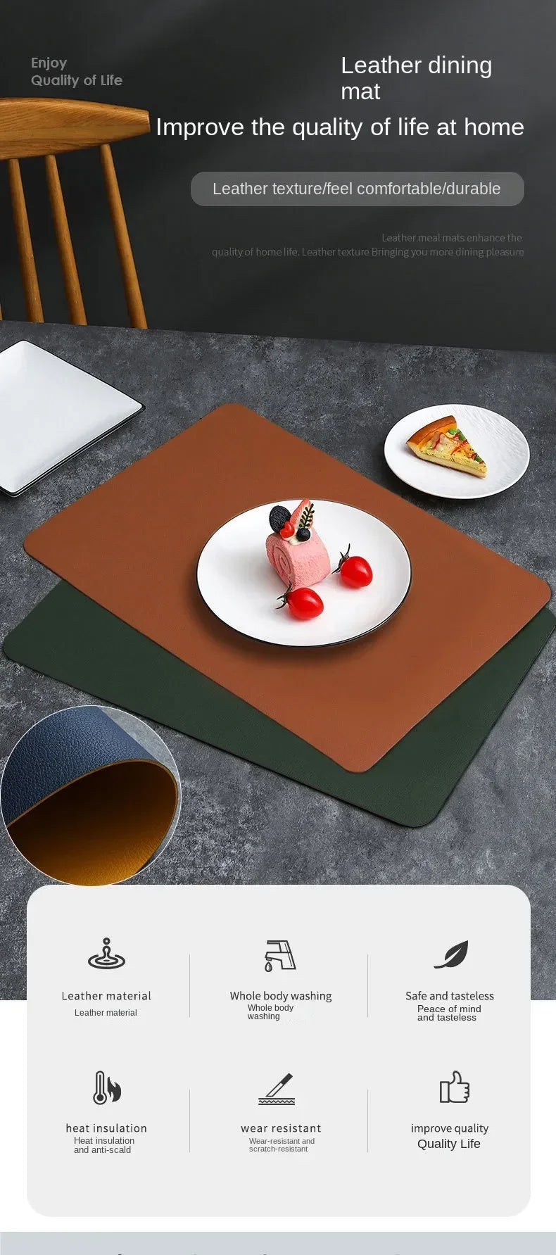 Tapete de mesa de comedor de cuero de doble cara de PVC, decoración de escritorio, tapete para platos de comedor para el hogar, tapete antideslizante para cuencos, tapete de aislamiento térmico