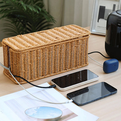 Caja eléctrica de ratán tejida a mano: material PE duradero, con tapa, con diseño de estilo rural rural, múltiples espacios de almacenamiento