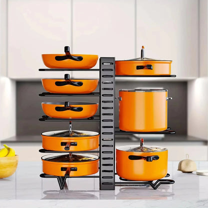 Organizador de Ollas de 8 Niveles - Soporte Metálico Resistente que Ahorra Espacio para Sartenes, Ollas y Tapas, Almacenamiento de Cocina Ordenado y Elegante
