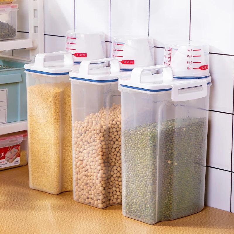 Contenedor de Arroz de 2.3L con Taza Medidora, Dispensador de Arroz de Plástico Libre de BPA, Recipiente de Almacenamiento de Alimentos para Cocina y Despensa para Avena y Harina