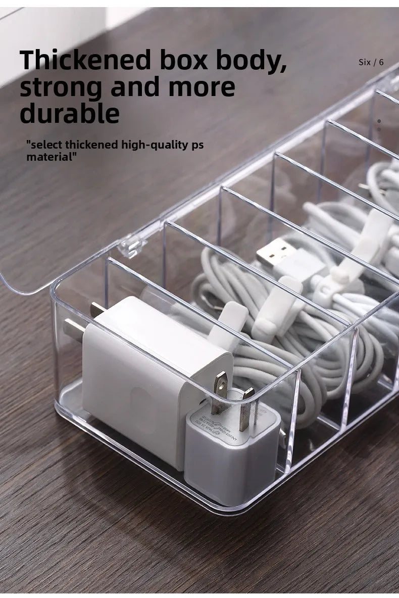 Caja de almacenamiento de cables de datos de plástico transparente, cable doméstico, cargador de teléfono móvil, Cable de carga, caja de acabado, caja de rejilla dividida