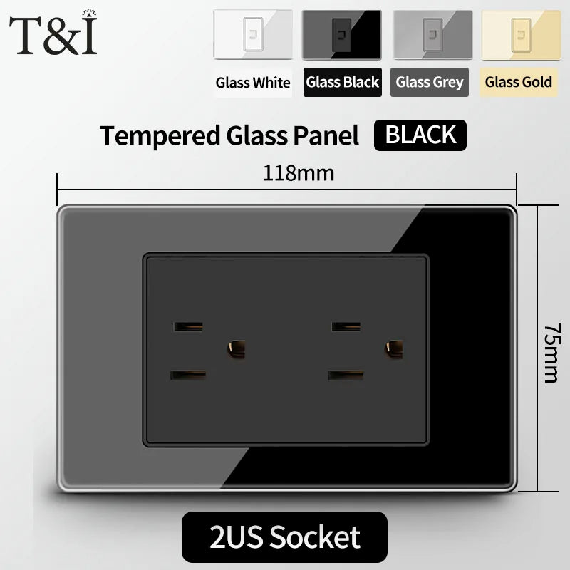 T&I US Standard 118 Toma de pared con interruptor, panel de vidrio templado, puertos de carga USB y tipo C
