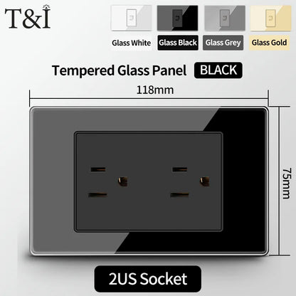 T&I US Standard 118 Toma de pared con interruptor, panel de vidrio templado, puertos de carga USB y tipo C