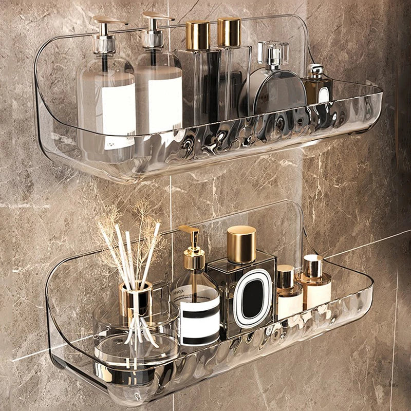 Estante de almacenamiento transparente acrílico para baño, bandeja de almacenamiento de cosméticos sin perforaciones montada en la pared, organizador de maquillaje, estante de cocina para baño