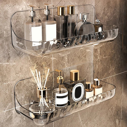 Estante de almacenamiento transparente acrílico para baño, bandeja de almacenamiento de cosméticos sin perforaciones montada en la pared, organizador de maquillaje, estante de cocina para baño
