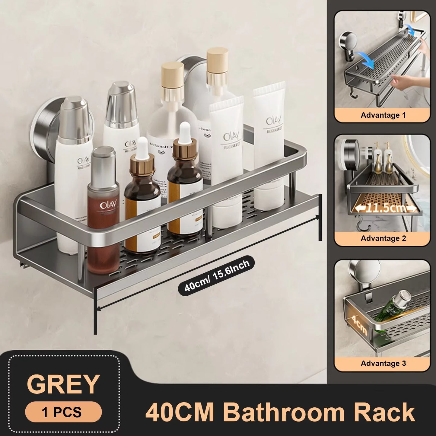 Estante de baño con ventosa de aluminio espacial, estante de almacenamiento para ducha de montaje en pared sin perforaciones, gran capacidad, soporte de carga fuerte