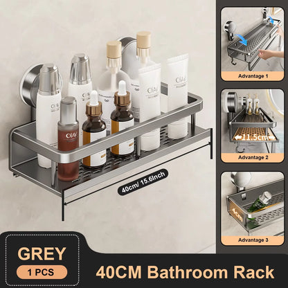 Estante de baño con ventosa de aluminio espacial, estante de almacenamiento para ducha de montaje en pared sin perforaciones, gran capacidad, soporte de carga fuerte