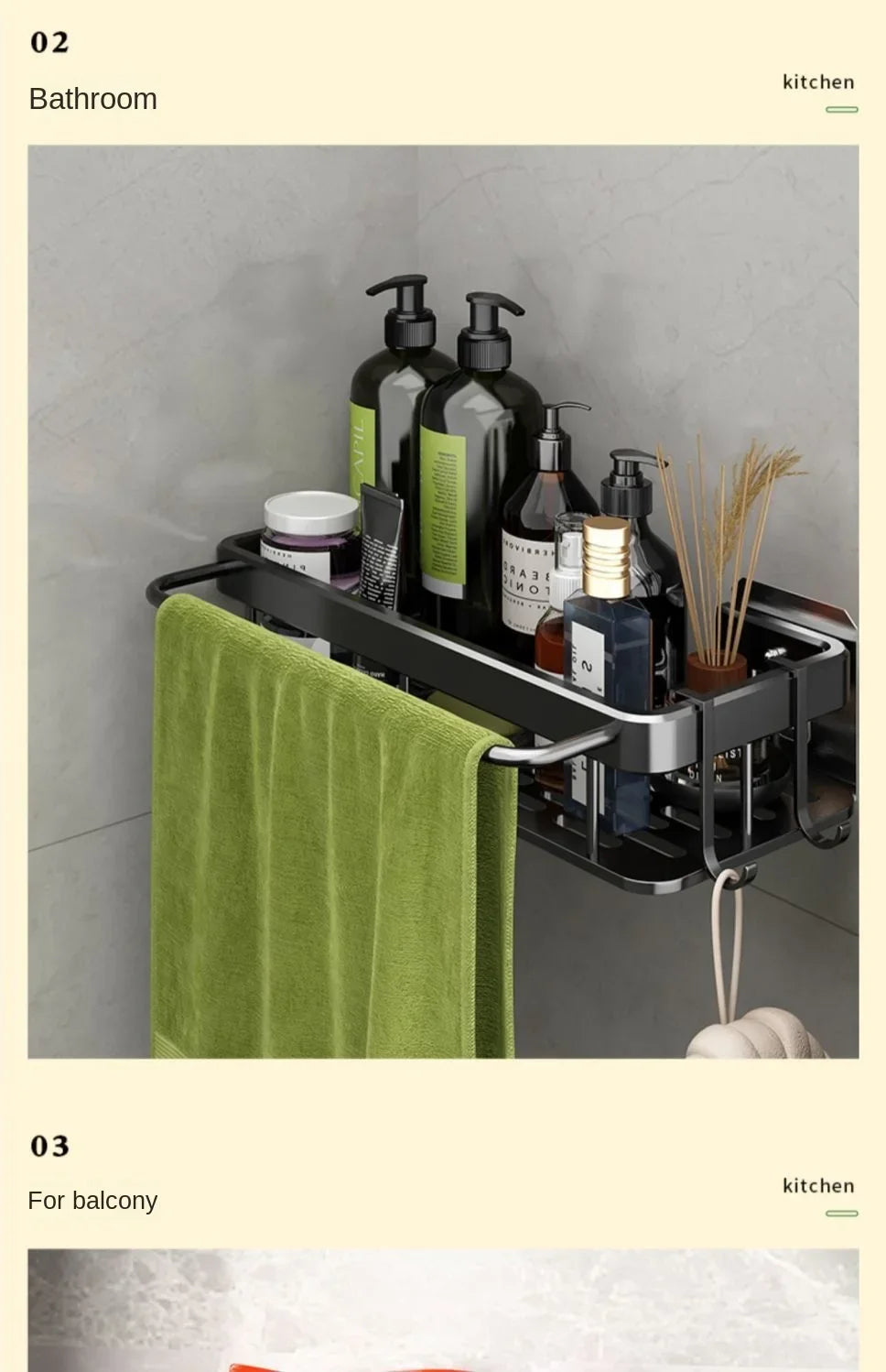 Soporte para fregadero de cocina, estante de almacenamiento de aluminio grueso para toalla y esponja, cesta organizadora de drenaje, estantes de baño