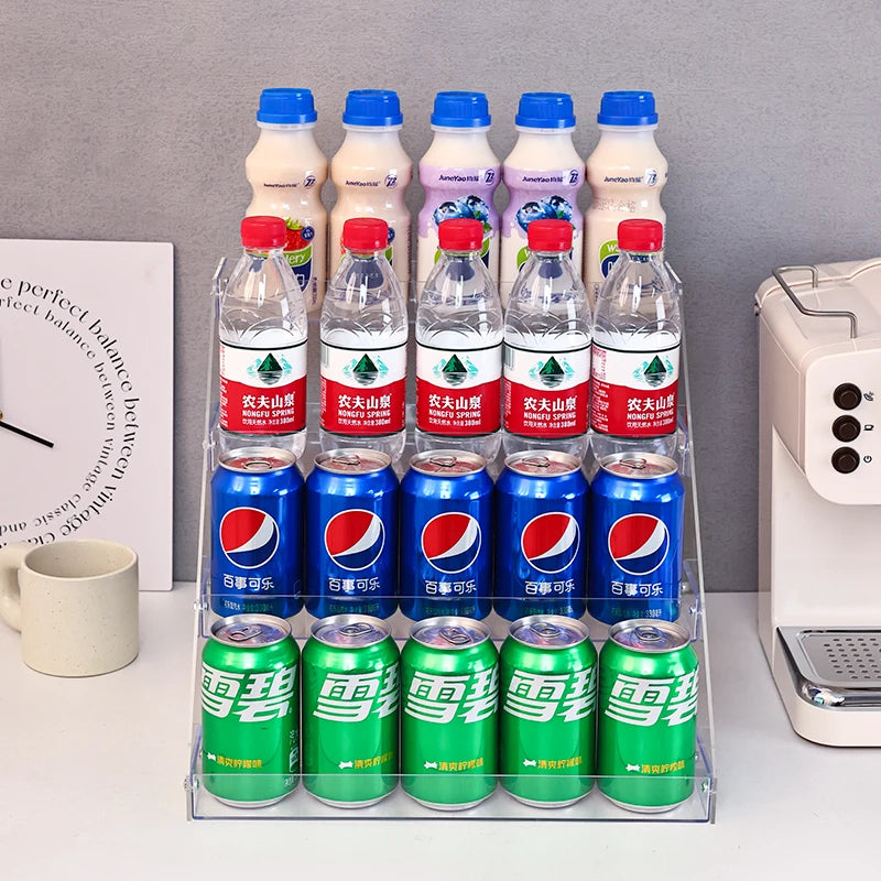 Estante de exhibición de bebidas escalonado transparente acrílico, organizador de latas de bebidas para refrigerador, estante dispensador multifuncional, 1 ud.