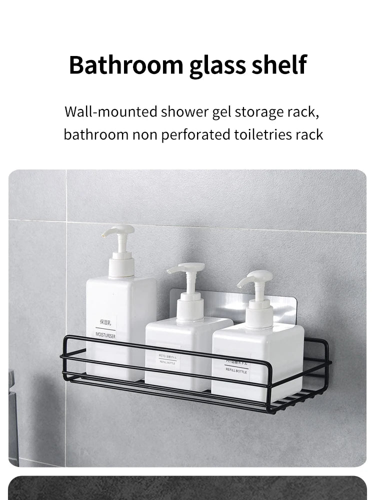 Estante de almacenamiento para baño, organizador de cocina, estantes negros, marco de esquina, perforador de ducha de hierro, estante de Caddy montado gratis