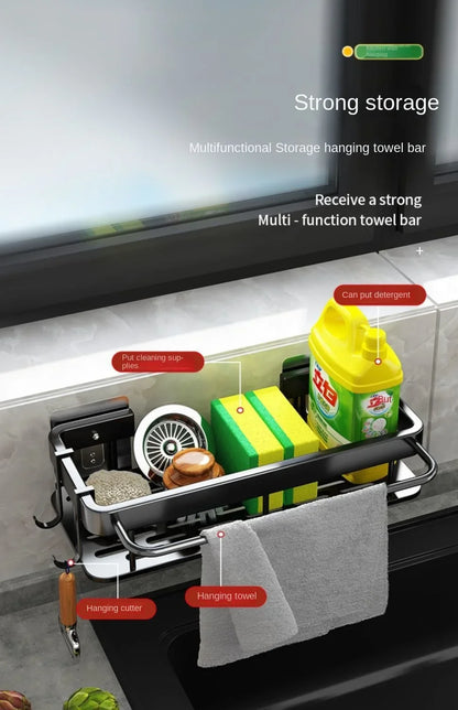 Soporte para fregadero de cocina, estante de almacenamiento de aluminio grueso para toalla y esponja, cesta organizadora de drenaje, estantes de baño