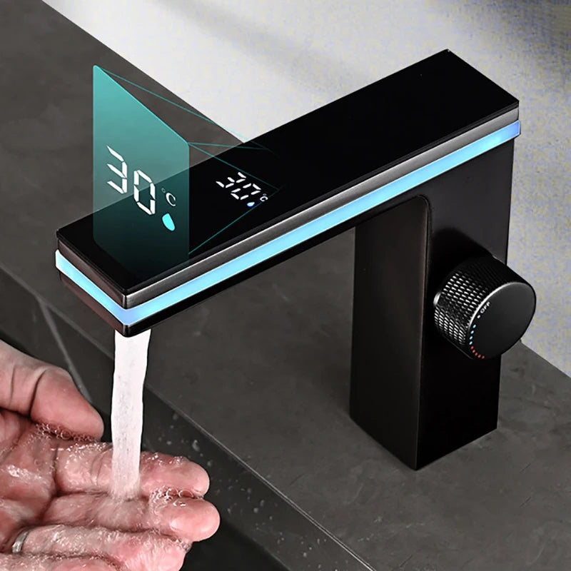 Grifo de lavabo de baño con pantalla Digital, LED inteligente, montado en cubierta de latón, grúa de lavabo, mezclador de agua fría y caliente, grifo de tocador para fregadero