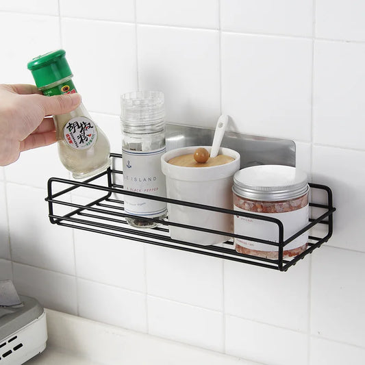 Estante de almacenamiento para baño, organizador de cocina, estantes negros, marco de esquina, perforador de ducha de hierro, estante de Caddy montado gratis