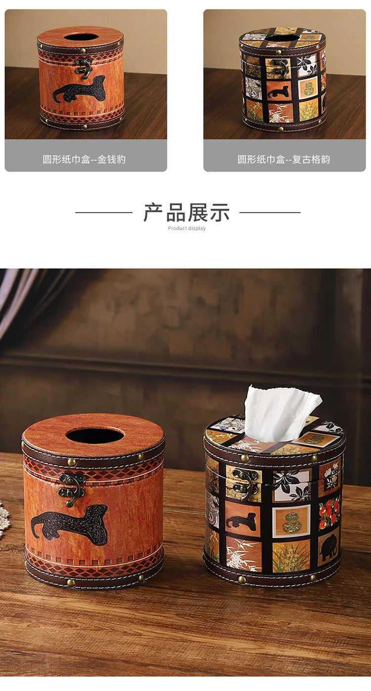 Caja de pañuelos estilo chino Guofeng, caja circular de cuero con cajón, estilo de lujo ligero, caja de servilletas adecuada para el hogar, sala de estar, dormitorio