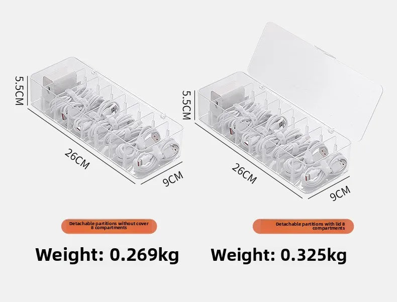 Caja de almacenamiento de cables de datos de plástico transparente, cable doméstico, cargador de teléfono móvil, Cable de carga, caja de acabado, caja de rejilla dividida