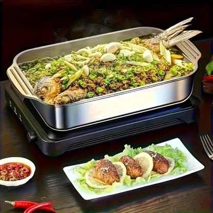 Sartén para asar cubierta de acero inoxidable, horno antiadherente grueso, seguro con asas resistentes al calor para asar, hornear, servir Buffet