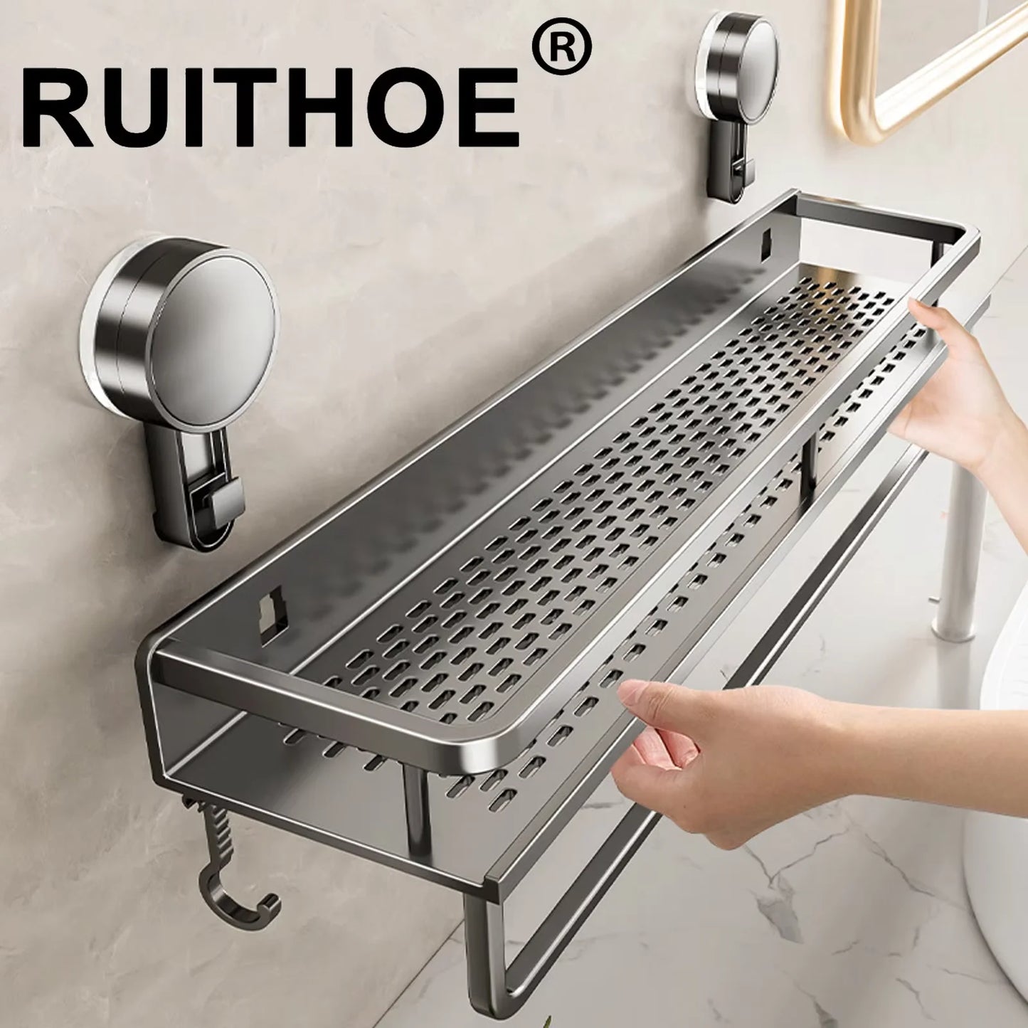 Estante de baño con ventosa de aluminio espacial, estante de almacenamiento para ducha de montaje en pared sin perforaciones, gran capacidad, soporte de carga fuerte