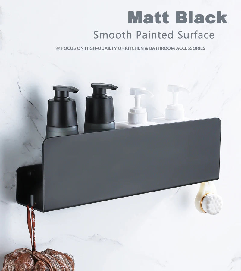 Estante organizador de baño negro con ganchos, estantes de decoración de cocina de aluminio en pared, estante de almacenamiento para ducha, montaje en pared