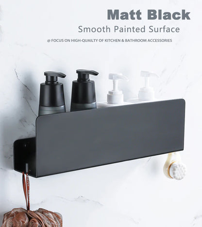 Estante organizador de baño negro con ganchos, estantes de decoración de cocina de aluminio en pared, estante de almacenamiento para ducha, montaje en pared
