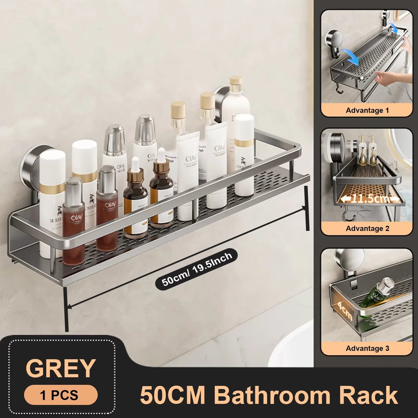Estante de baño con ventosa de aluminio espacial, estante de almacenamiento para ducha de montaje en pared sin perforaciones, gran capacidad, soporte de carga fuerte