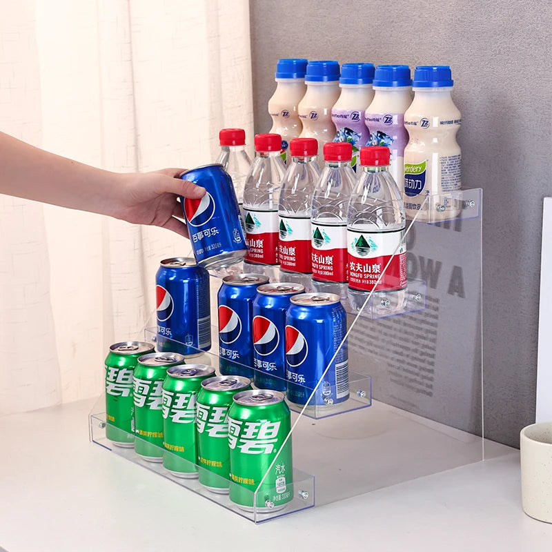 Estante de exhibición de bebidas escalonado transparente acrílico, organizador de latas de bebidas para refrigerador, estante dispensador multifuncional, 1 ud.