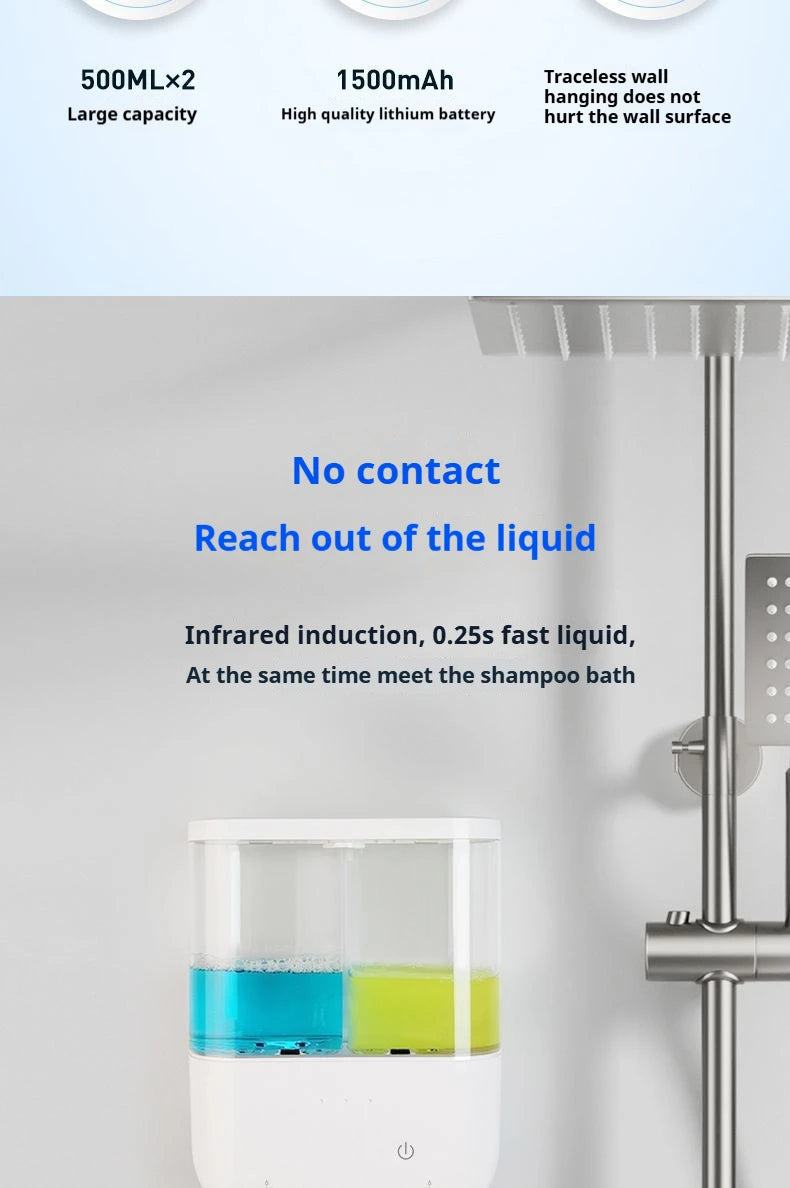 Dispensador automático de jabón de doble cabezal, dispensador de jabón líquido montado en la pared para champú/Gel de ducha/jabón para platos, baño inteligente